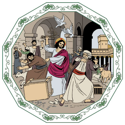 Jeesus kaataa rahanvaihtajien pöydät