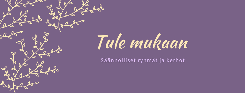 Tule mukaan bannerikuva violetilla taustalla teksi Tule mukaan ja säännölliset ryhmät ja kerhot Pälkäneen srk